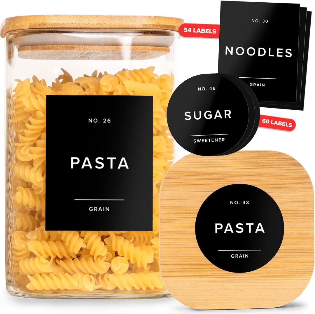 Minimalist Pantry Labels - 114 Self-Adhesive, Waterproof & Oil-Resistant Kitchen Labels for Organizing Storage Bins, Jars & Containers (Black)