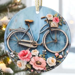 3.5" Ceramic Christmas Ornaments, Christmas Tree Ornaments, Heirloom Keepsake, Gift Exchange, Gift Idea, Bauble Present - Bicycle (Bicycle With Flowers)