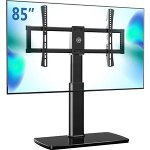 FITUEYES Universal TV Stand Mount for 43-80 85 inch TVs, Swivel Tall TV Mount Stand, Table Top TV Stand Base Replacement, Height Adjustable TV Table Stand, Glass Base, Max Holds 110lbs
