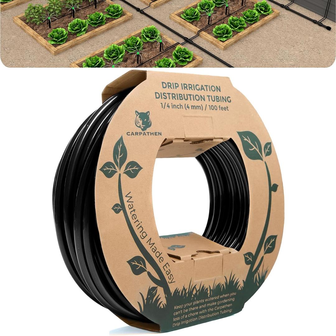 CARPATHEN 1/4 Drip Irrigation Tubing - 100 ft Black Drip Irrigation Hose Perfect for DIY Garden Irrigation System, Hydroponics, Misting, or as Blank Distribution Tubing for Any Garden Project