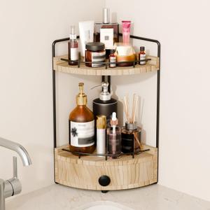 2-Tier Corner Bathroom Countertop Organizer with Drawer, Wooden Vanity Organizers for Makeup and Skincare Storage, Corner Counter Shelf with Embedded Screw Holes, Light Brown (7.68" x 7.68" x 15.75")