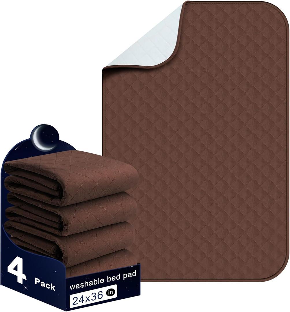 Bed Pads Washable Waterproof 24x36 Inch (4 Pack), Washable Bed Pads for Incontinence, Bed Wetting, and Pet Protection, Brown  Ideal for Elderly, Adults, Kids and Pets
