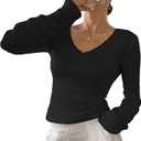 BAIGRAM Women Cute Y2K Lace Pointelle Crop Tops Long Sleeve V Neck Slim Fit Tee Shirt Grunge Minimalist Fall Going Out Lounge (Medium, Black)