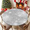 Round Fitted Tablecloth with Elastic Edged, Winter Snowflake on Gray Fitted Circle Tables Cover Wipeable Waterproof Table Cloth for Indoor Outdoor Use Tabletop Decor Christmas Theme (Grey) 44"