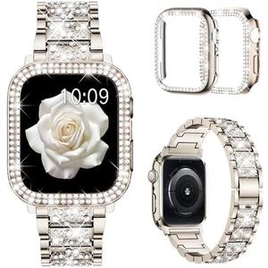 Mosonio Compatible with Apple Watch Band 38mm 40mm 41mm 42mm 44mm 45mm 46mm 49mm with 2 Pack Case Women, Jewelry Replacement Metal Bands Strap with Bling PC Protective Case for iWatch Ultra SE Series 11/10/9/8/7/6/5/4/3/2/1