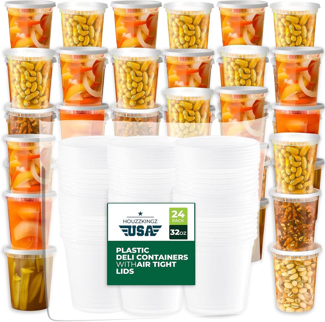 Deli Soup Quart Containers with Lids [32 Oz - 24 Pack], Plastic Food Freezer Storage Containers with Lids, Disposable Heavy Duty Microwavable Airtight To Go Takeaway Take Out Containers Cups With Lids