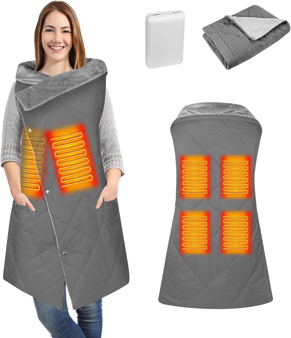 Heated Blanket Battery Operated, USB Cordless Electric Blanket with 10000mAH Battery and 3 Heating Levels, Portable Heated Wearable Blanket Heated Shawl Throw for Home & Outdoor(Grey)
