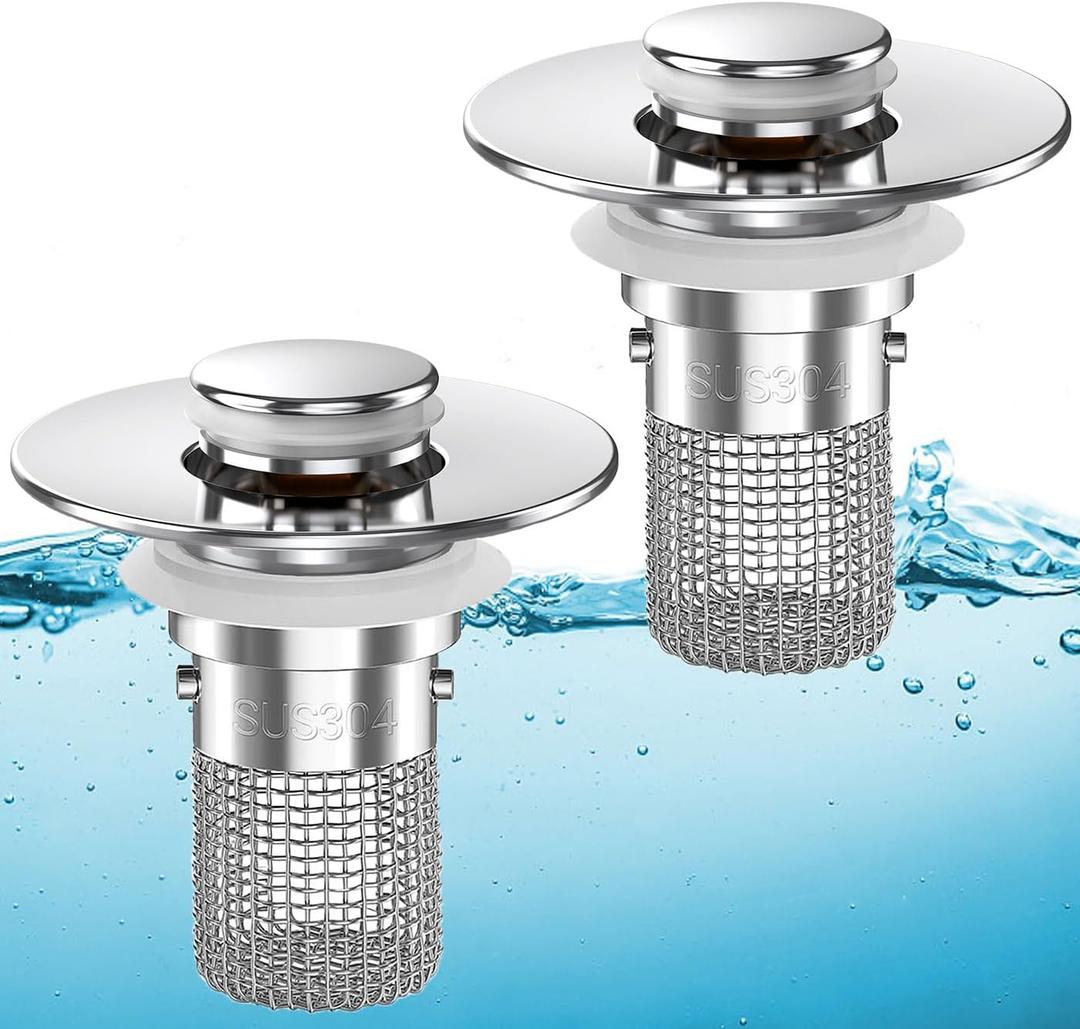 Sink Stopper Hair Catcher,(2PCS) Pop-up Sink Drain Strainer with Removable Stainless Steel Strainer Basket Hair Catcher, Bathroom Sink Strainer for Bathroom Sink Stopper Replacement