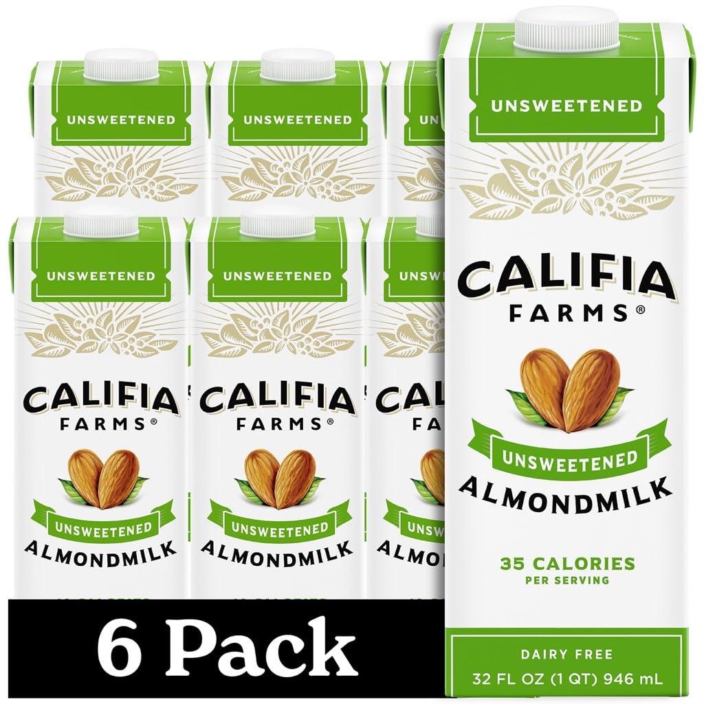 Califia Farms - Unsweetened Almond Milk, 32 Oz (Pack of 6), Dairy Free, Vegan, Plant Based, Keto Food, Shelf Stable, Vegan, Gluten Free, Non GMO, Sugar Free, High Calcium, Smoothie.BB:12/02/2026