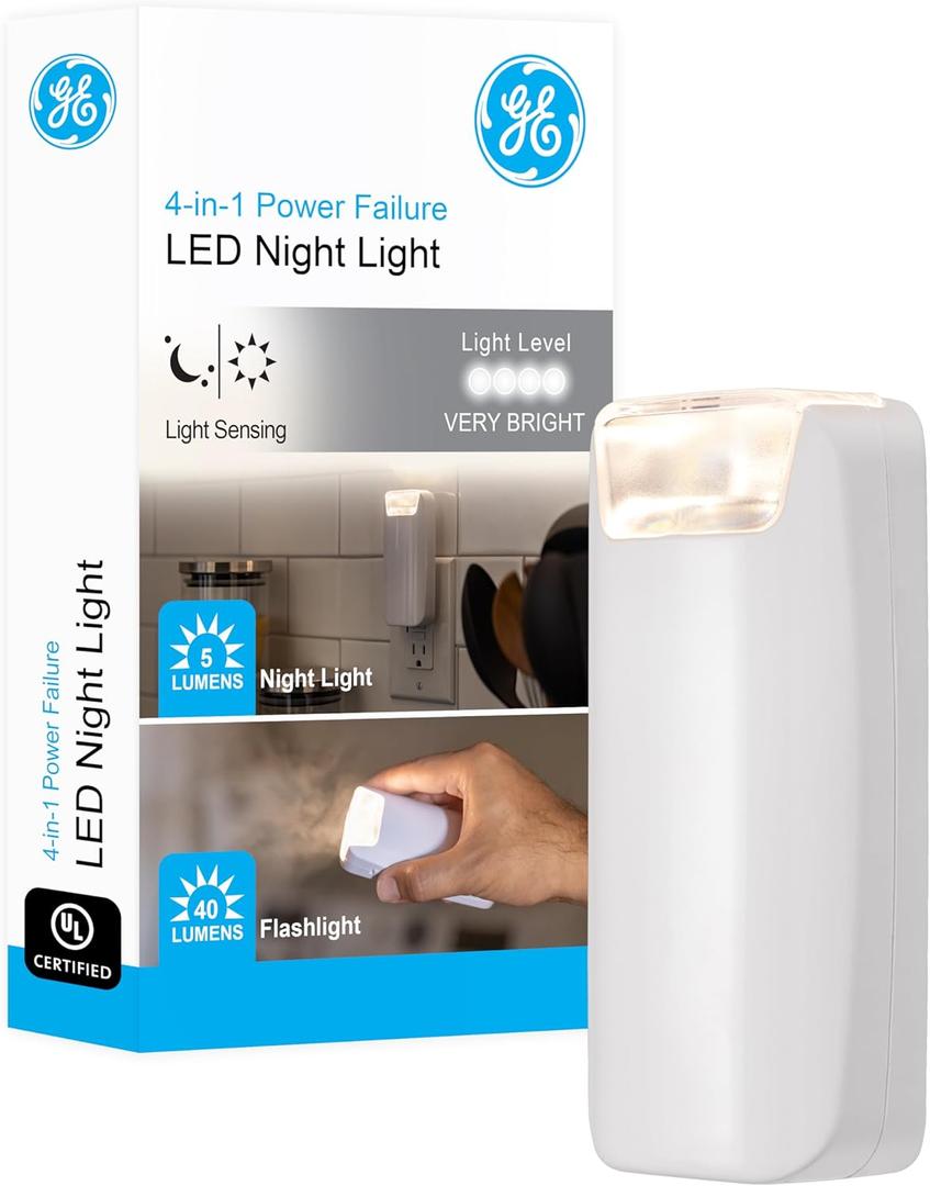 GE 4-in-1 Power Outage Plug in Night Light LED Flashlight for Dorm Room, Apartment Essentials, Battery Operated Lights Emergency Supplies, Dusk to Dawn Sensor Nightlight, 1 Pack, White, 37373
