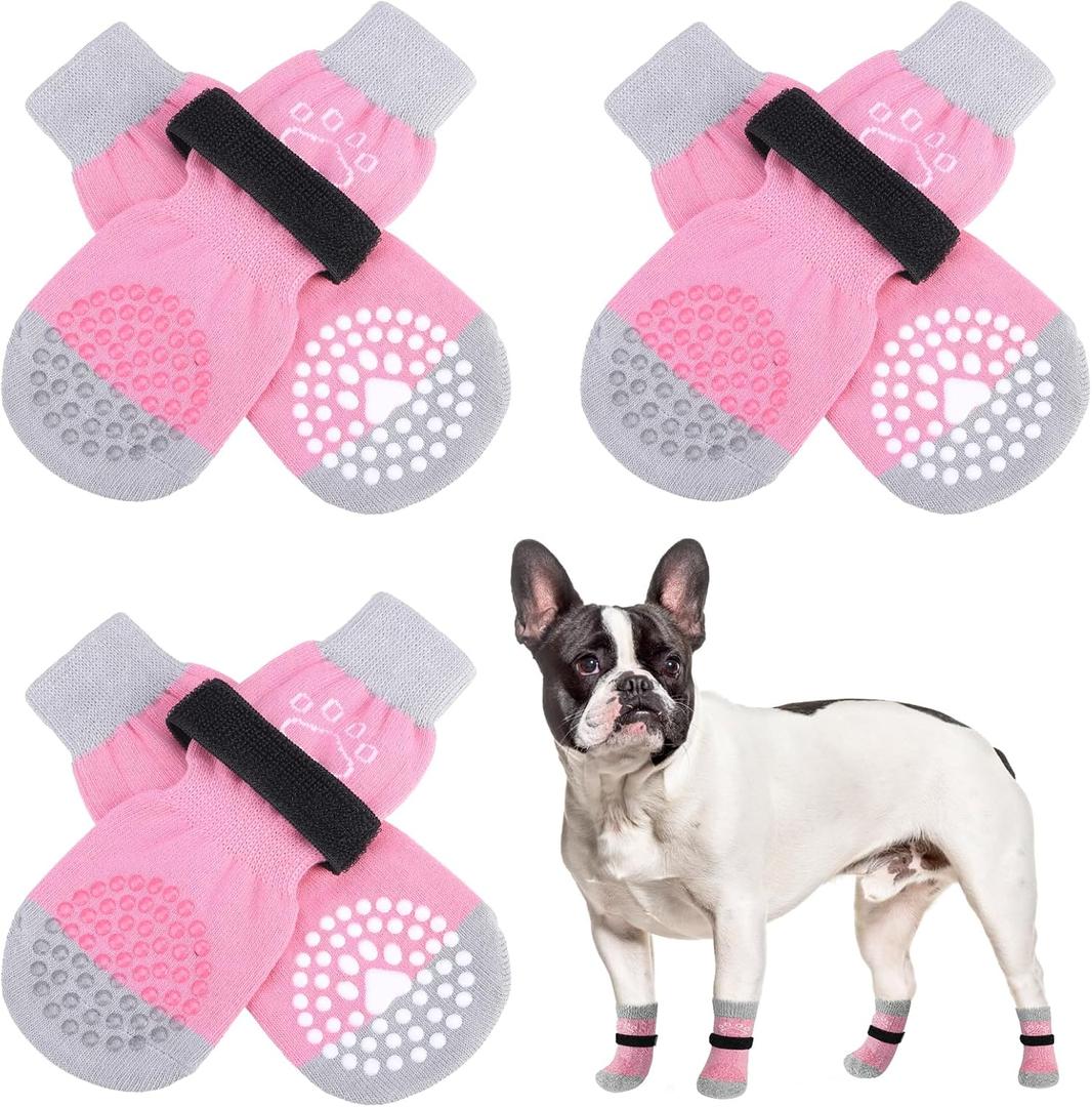 SCENEREAL Anti-Slip Dog Socks to Prevent Licking Paws, Dog Shoes for Hot/Cold Pavement, Dog Boots & Paw Protectors with Grippers for Hardwood Floors, Dog Booties for Small Dogs (S(Pack of 4+2), Pink Pearl Paw)
