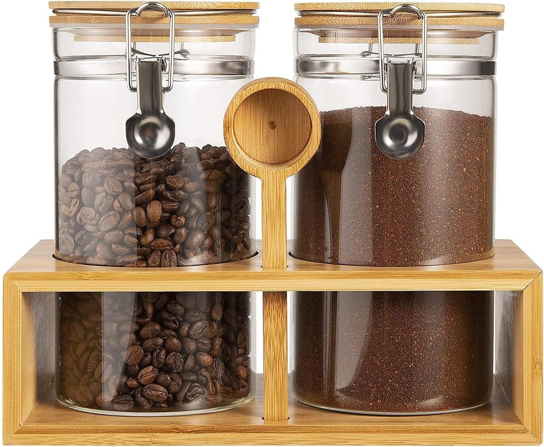 Yangbaga Ground Coffee Storage Container with Shelf, 245OZ Glass Coffee and Sugar Container Set, Coffee Canisters with Airtight Lids and Scoop, Food Storage Jars for Kitchen,Nuts,Tea,Sugar