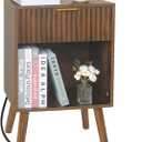 Mid Century Modern Nightstand with Charging Station, Modern Bedside Table with Fluted Drawer and Storage Shelf, End Side Tables Living Room for Bedroom, Office (Rustic Brwon)