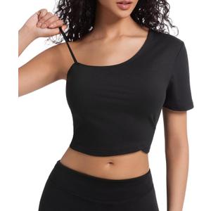 Crop Tops for Women Cute One Shoulder Tee Short Sleeve Going Out Shirts with Adjustable Strap and Playful Hem (Black, L)