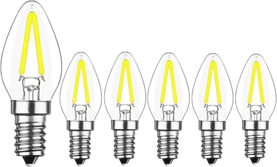 2W E12 C7 Candelabra LED Bulbs(6 Pack) 15W Enquivalent E12 Base LED Filament 2W Bulb 120V Dimmable 6000K Daylight White Clear Glass C7 Mini Candle Torpedo Shape for Night Light (White)