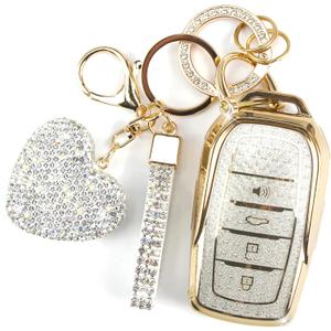 Key Fob Cover with Diamond Keychain Fit for Toyota Car Key Holder Compatible with Camry 2025, Venza 2019-2024, RAV4 Prime, Land Cruiser, Fortuner, Grand Highlander, Corolla, 4 Buttons (White)