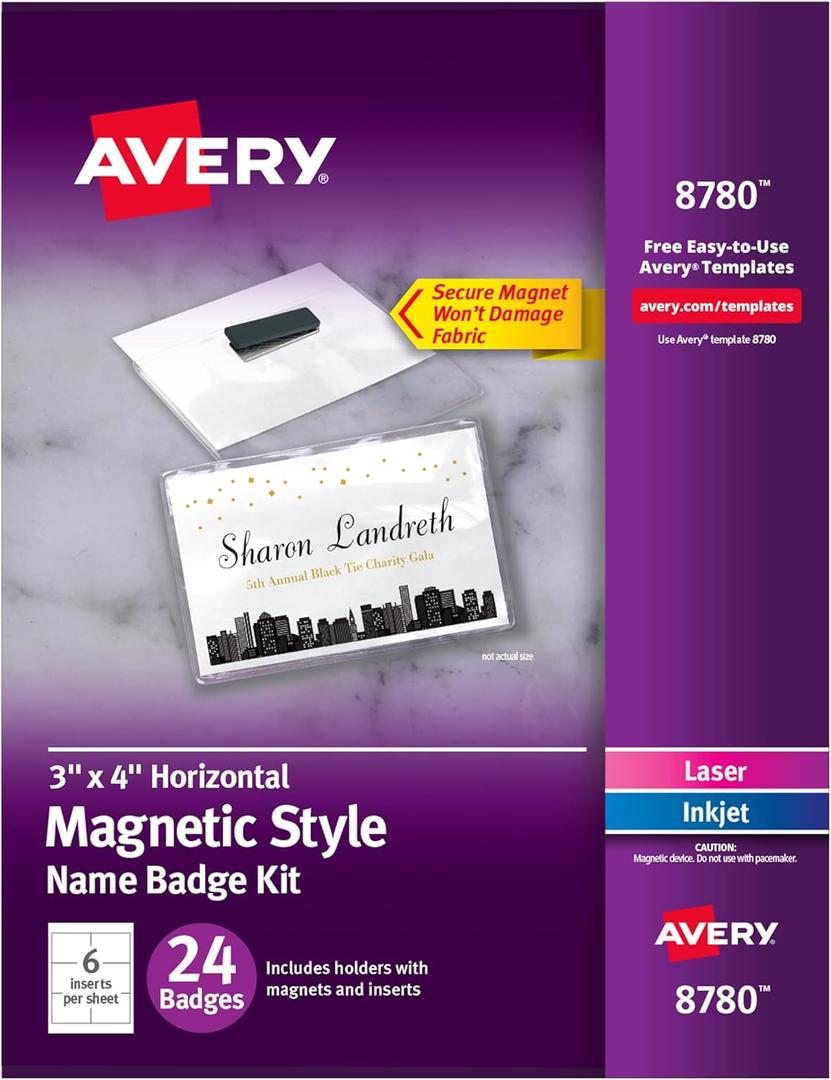 Avery Customizable Name Badges, Magnet Style, 3" x 4", Clear Name Tag Holders, White Laser/Inkjet Printable Inserts, 24 Total (8780) (True)