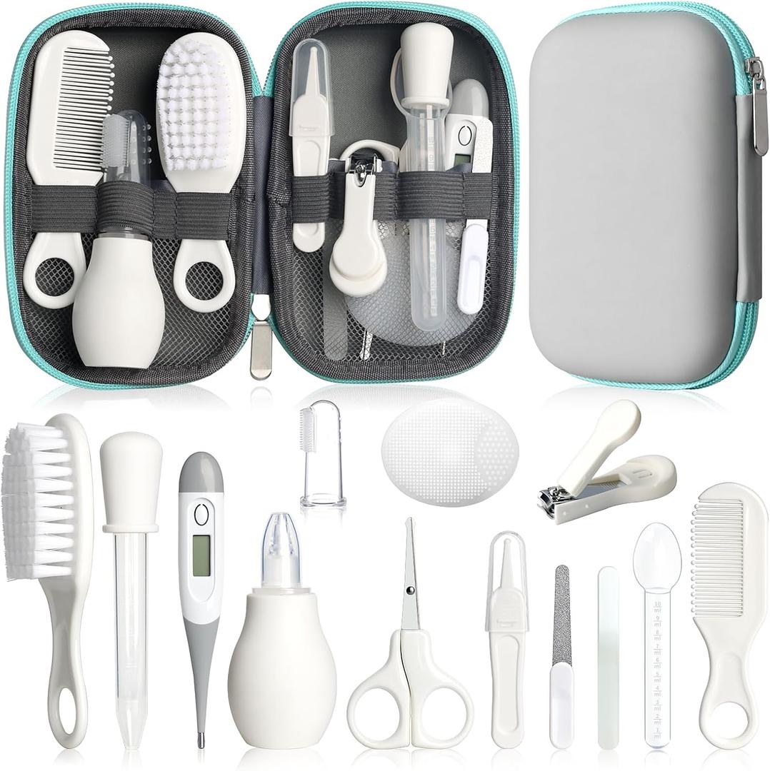 Baby Grooming Kit, Infant Safety Care Set with Hair Brush Comb Nail Clipper Nasal Aspirator,Baby Essentials Kit for Newborn Girls Boys (Grey White)