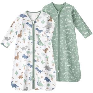 Baby Sleep Sack 0-6 Months, Long Sleeve Baby Wearable Blanket 0.5 Tog with Mittens, 2-Way Zipper Newborn Cotton Sleeping Sack for Boy and Girl Green Dinosaur 2 Pack, Small