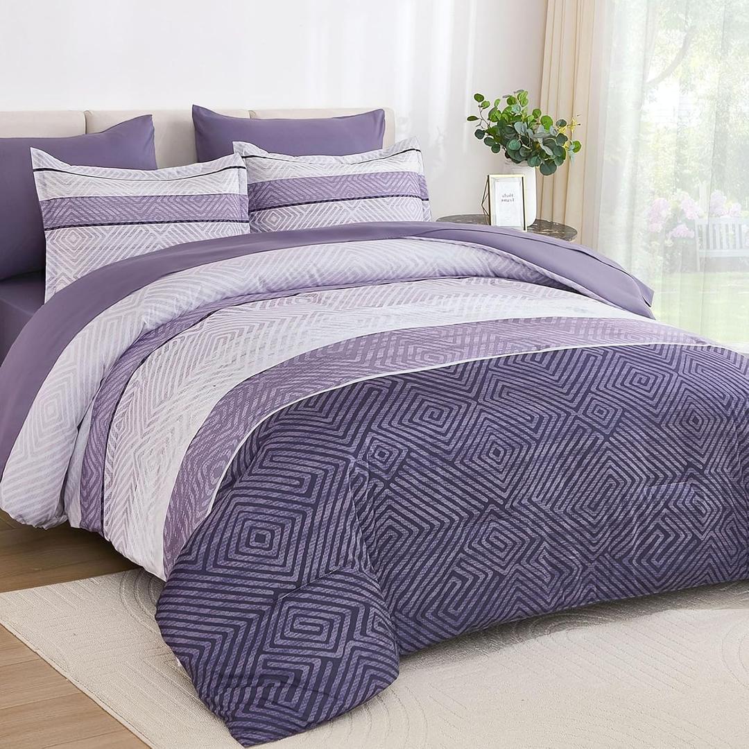 Drucon Purple Comforter Set Queen Size 7 Piece Bed in a Bag, Boho Striped Bedding Set, Soft Microfiber Comforter and Sheet Set for All Season (Queen, 90"x90")