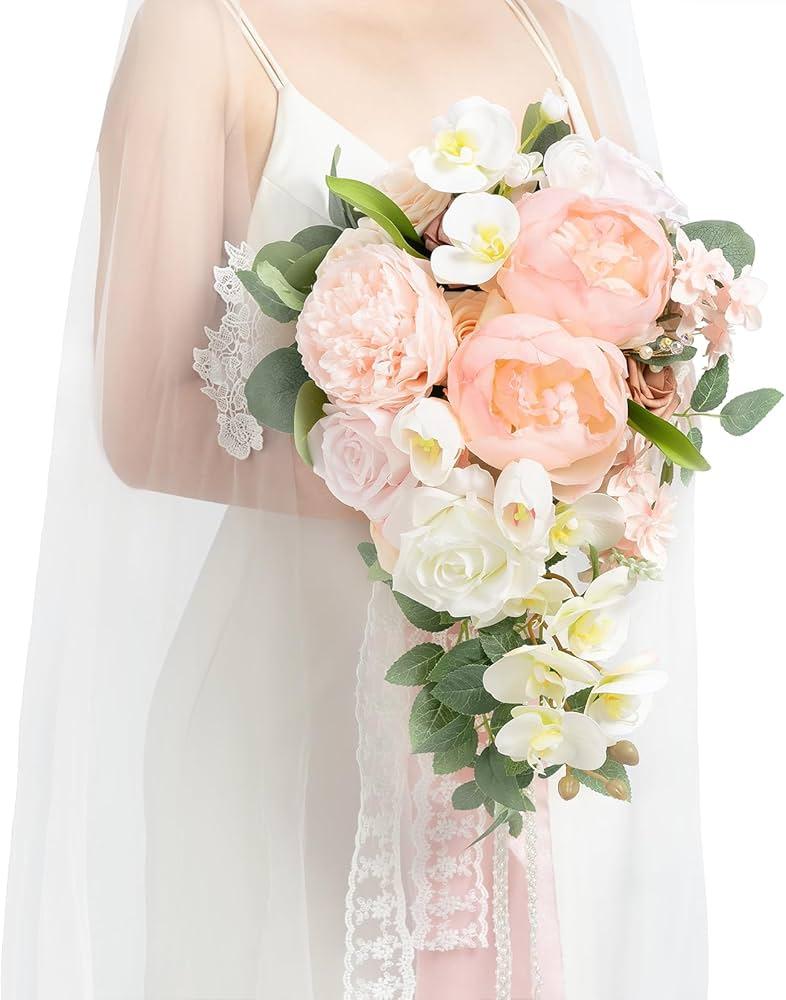 Ling's Moment 11 Inch Artificial Wedding Bouquets for Bride Bridal Bouquet Bridesmaid Bouquet Tossing Bouquet for Wedding Ceremony Anniversary Bridal Shower, Tender Nude Pink