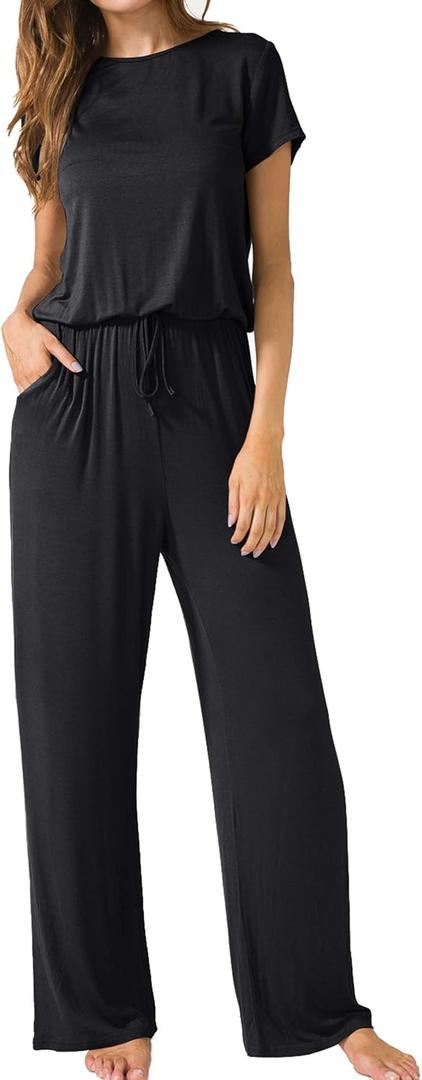 LAINAB Womens Soft Summer Jumpsuits Short Sleeve Casual Wide Legs Rompers (X-Large, Ab-black)
