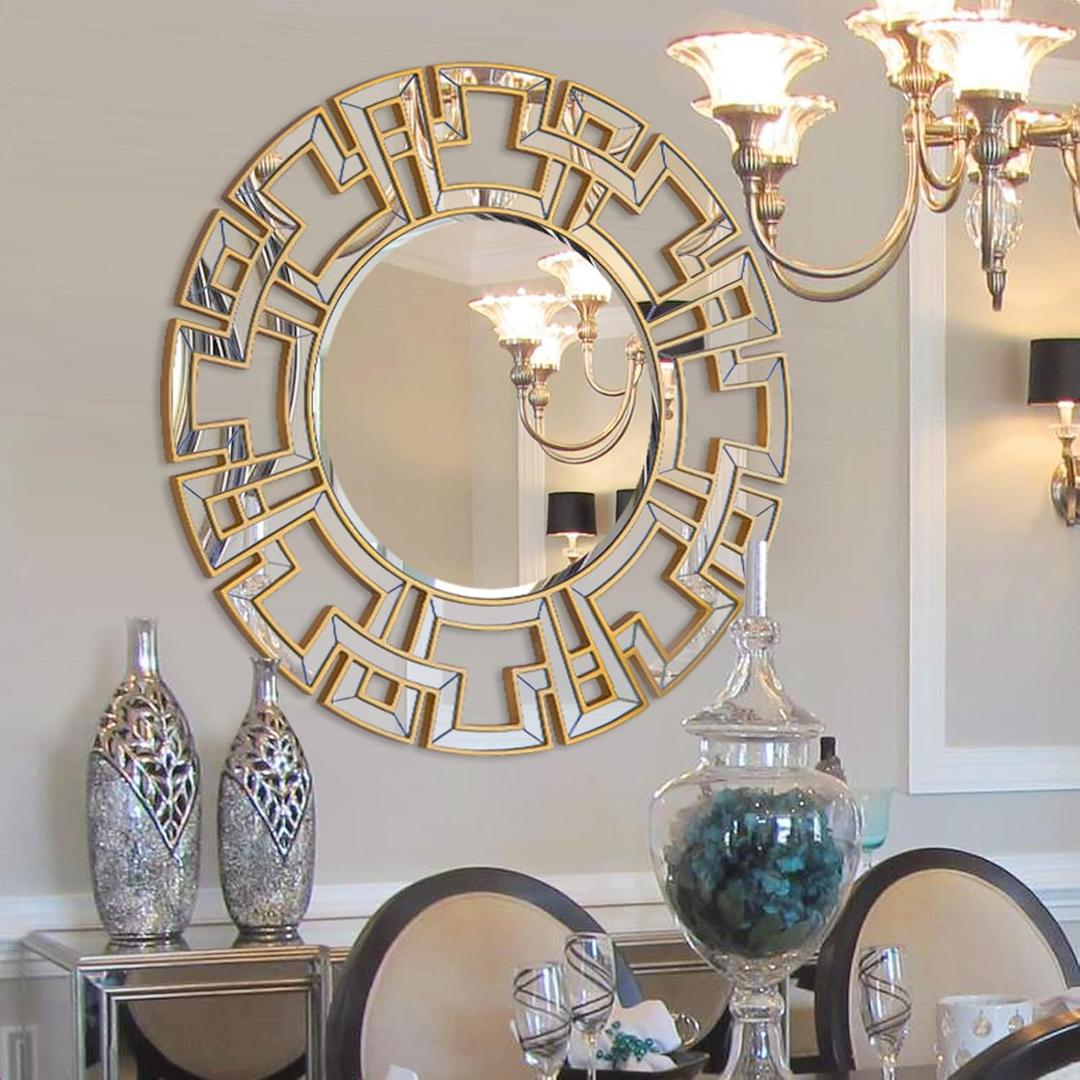Chende Gold Mirrors for Decor, 32'' Round Wall Mirror with Beveled Glass Frame, Modern Decorative Mirror with Wood Frame for Living Room, Entryway, Dining Room, Bathroom