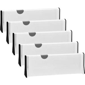 JONYJ Drawer Dividers Organizer 5 Pack, Adjustable Separators 4" High Expandable from 11-17" for Bedroom, Bathroom, Closet,Clothing, Office, Kitchen Storage, Strong Secure Hold, Foam EndsWhite