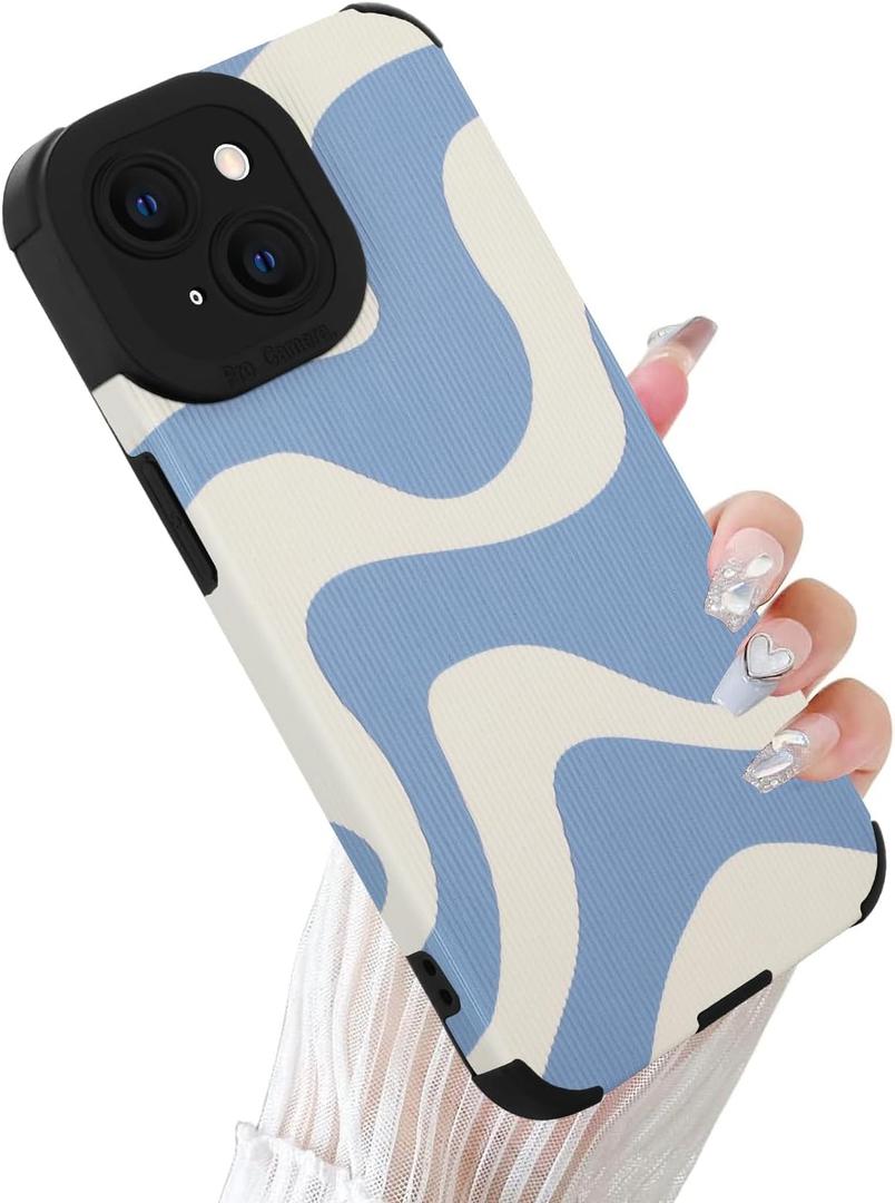 Case for iPhone 15 Plus Wave Pattern Case Soft TPU Bumper PU Leather Cover Cute Zebra Designed for Female Girls - Blue White