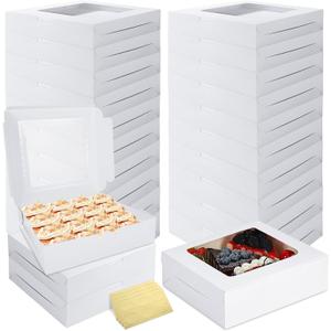QTLCOHD 24 Pcs Bakery Boxes with Window 10 x 10 x 2.5 Inch Auto-Popup Pie Boxes White Cookie Treat Box for Chocolate Covered Strawberries, Pies, Pastries, Muffins, Donuts