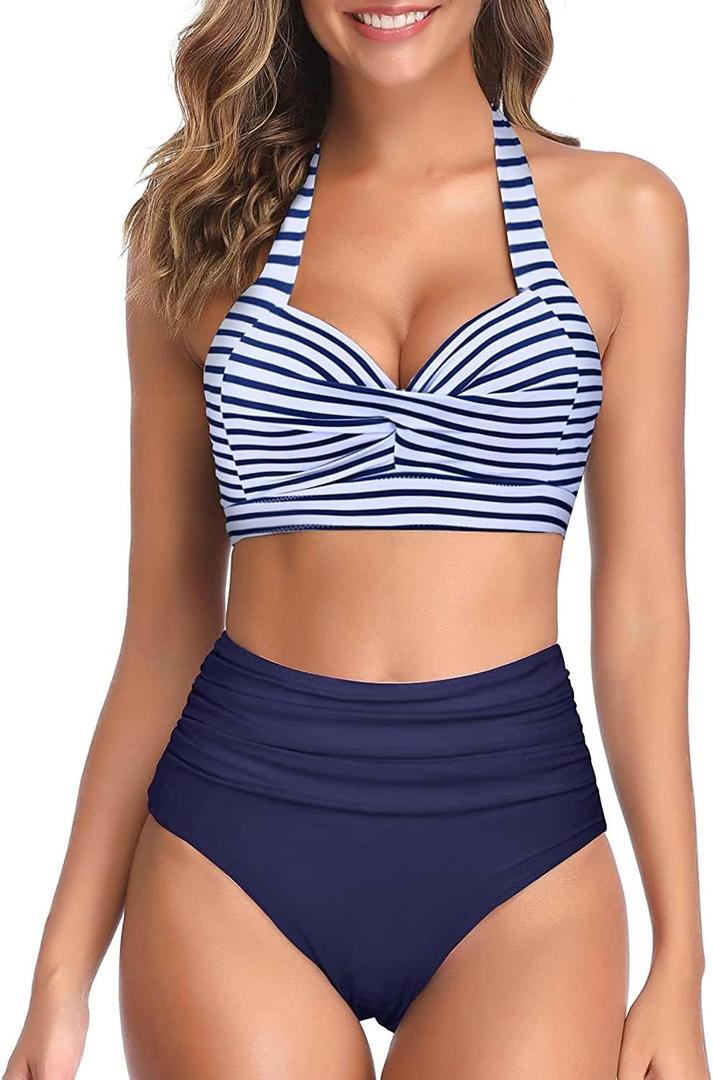 Tempt Me Women Two Piece Vintage Swimsuit Retro Halter Ruched High Waist Bikini with Bottom (Large, Navy Stripe) Tempt Me Women Two Piece Vintage Swimsuit Retro Halter Ruched High Waist Bikini with Bottom (Large, Navy Stripe)