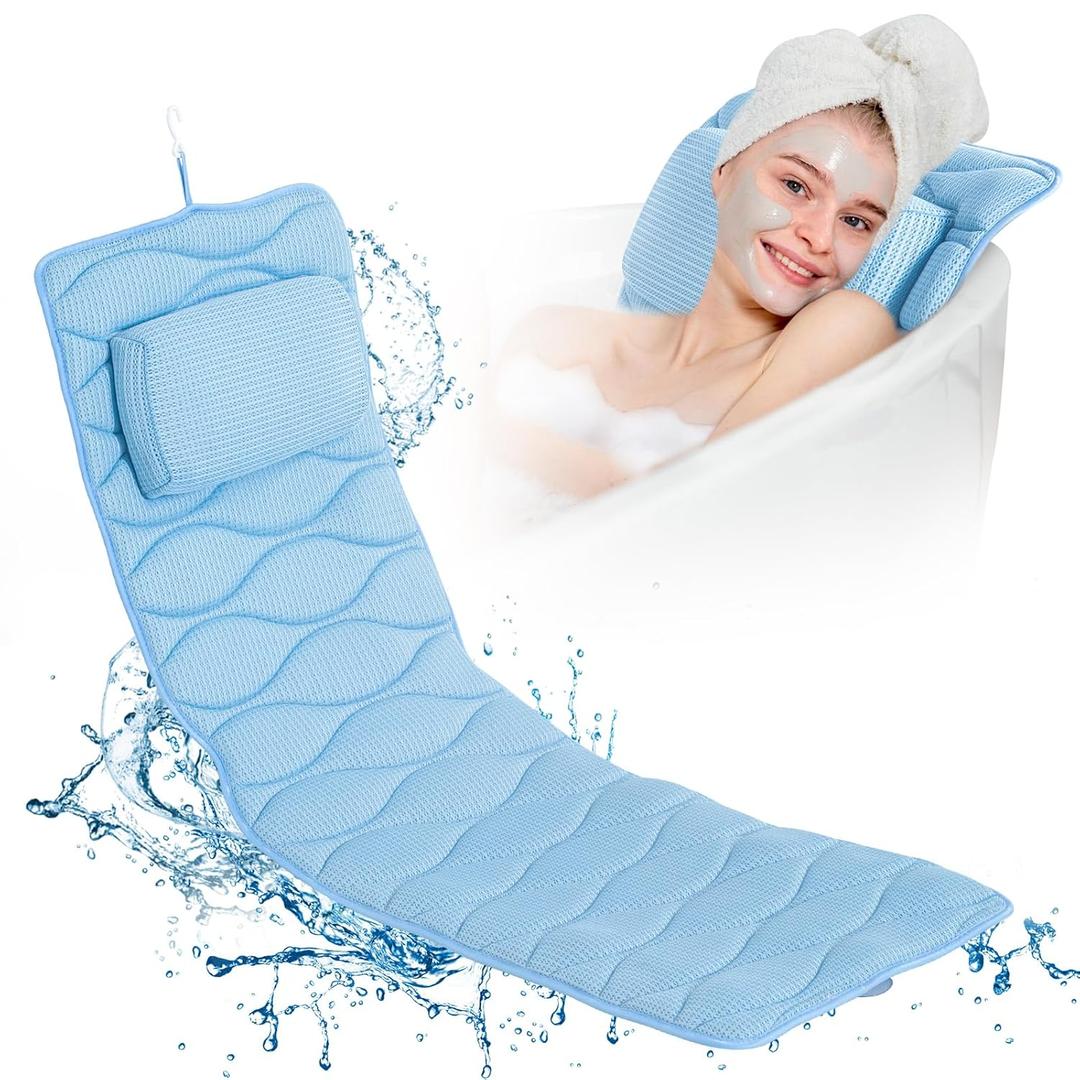 OMYSTYLE Full Body Bath Pillow, Bath Pillows for tub with Mesh Washing Bag & 21 Non-Slip Suction Cups, Spa Bathtub for Head Neck Shoulder and Back Support - 5D Air Mesh & Quick Drying | Blue (50x16 Inch (Pack of 1))