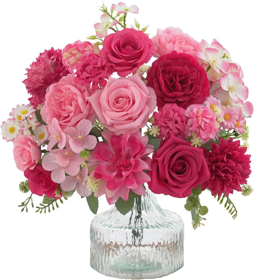 4 Pcs Mixed Artificial Flower Set, Small Artificial Peony Bouquet Fake Rose Flower Silk Floral Arrangements for Table Centerpiece Home Wedding Party Bridal Decoration(Mixed Pink, 2 Bouquets & 2 Stems)