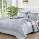 WONGS BEDDING Green Quilt Queen Size, Bohemian Stripe Quilt Sets 3 Pieces Boho Quilted Bedspread Set Lightweight Microfiber Coverlet Bedding Set All Season (96"x90")