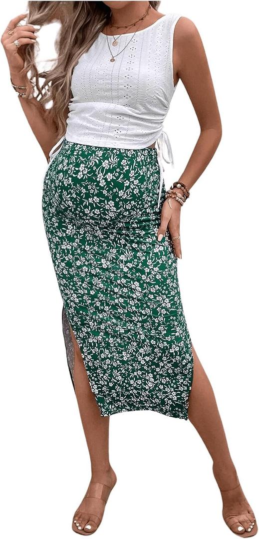 Milumia Women's Maternity Outfits 2 Piece Eyelet Ruched Tank Top and Floral Double Slit Midi Skirt Sets (Large, Green)