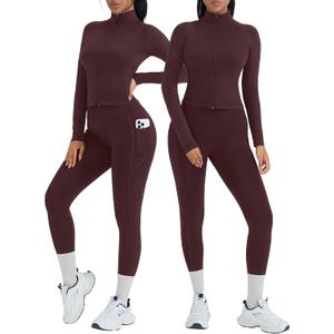 OMKAGI Workout Sets for Women Booty Leggings Matching Zipup Jacket Gym Outfits with Pockets, XL