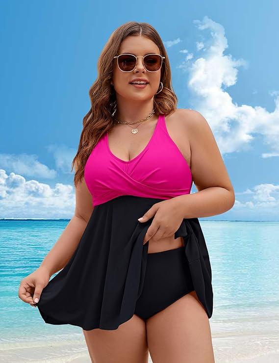 Edelqual Womens Plus Size Tankini Swimsuit Two Piece Tummy Control Bathing Suits Swim Dress Swimwear with Shorts Large