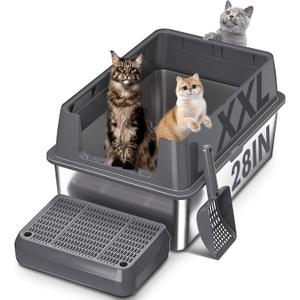 XXL Stainless Steel Litter Box with Lid, 28" Lx20 W Extra Large Cat Litter Boxes for Big Cats, Jumbo Metal Litter Box with Footboard & Scoop,Anti-Leakage,Non-Sticky,Odorless,Easy to Clean