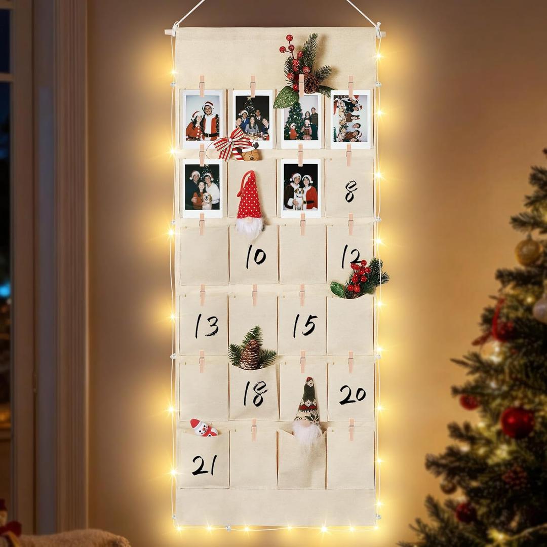 DIY Fabric Christmas Advent Calendar with Pockets, Reusable Natural 24 Days Countdown Advent Calendar, with String Light & Mini Wood Clips, Hanging Storage Bag for Xmas Holiday Decoration (42.52 in)