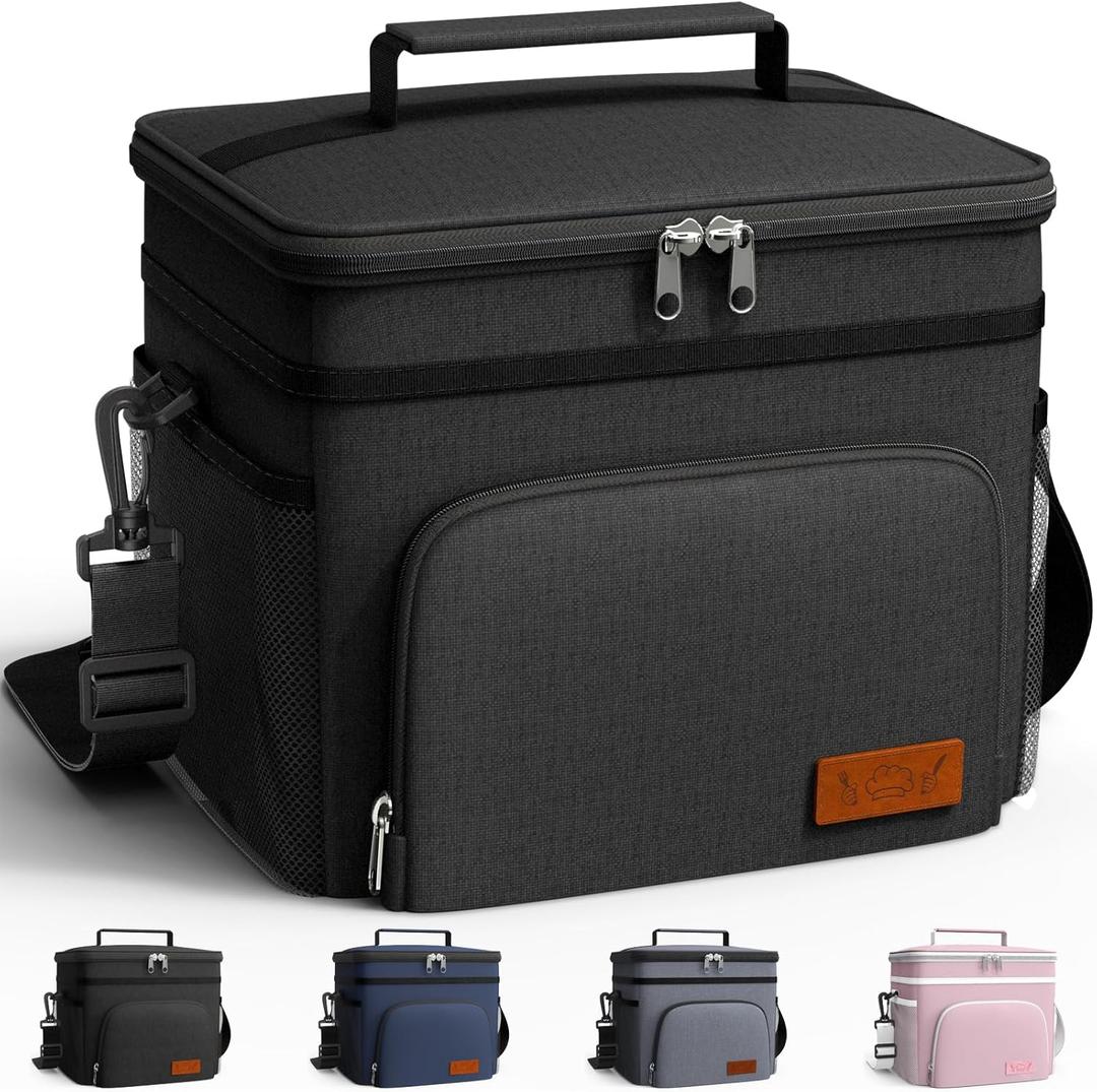 HOTOR Insulated Lunch Box for Men & Women - Leak-Proof Cooler Lunch Bag with 4 Pockets, Adjustable Strap, Ideal for Work, Picnic, Travel - Medium, Black, 10.2"6.9"8.5"