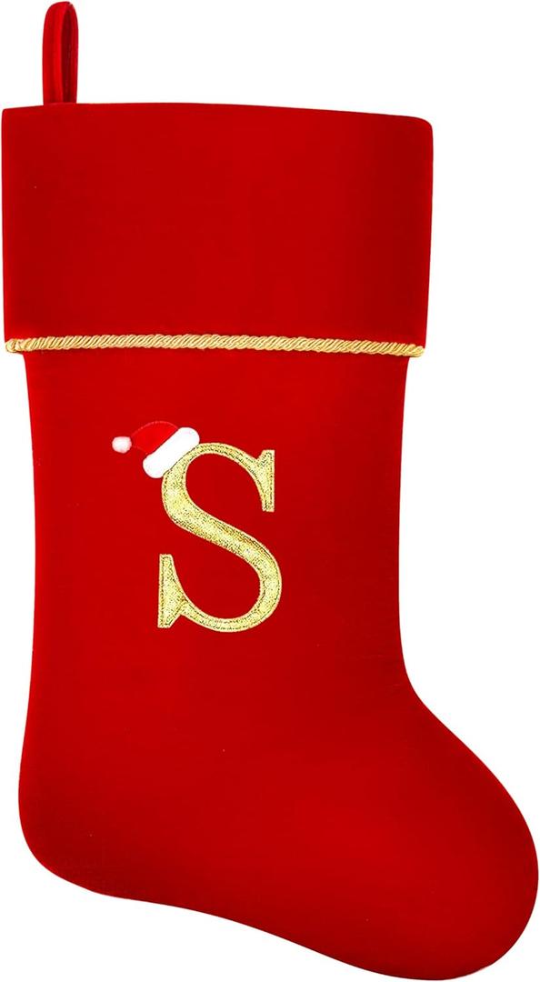 Personalized Christmas Stockings with Initials, 20 Inches Large Red Velvet Embroidered Monogram Xmas Stocking for Family Holiday Party Gifts Fireplace Decor (Letter S)