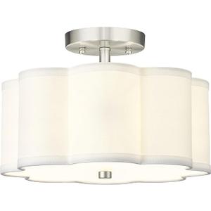Audickic Semi Flush Mount Ceiling Lights, 3Light 13" Ceiling Light Fixtures with Fabric Shade in Flower Shape, Brushed Nickel Drum Lighting for Nursery Hallway Bedroom Kitchen, AD220073SFSN