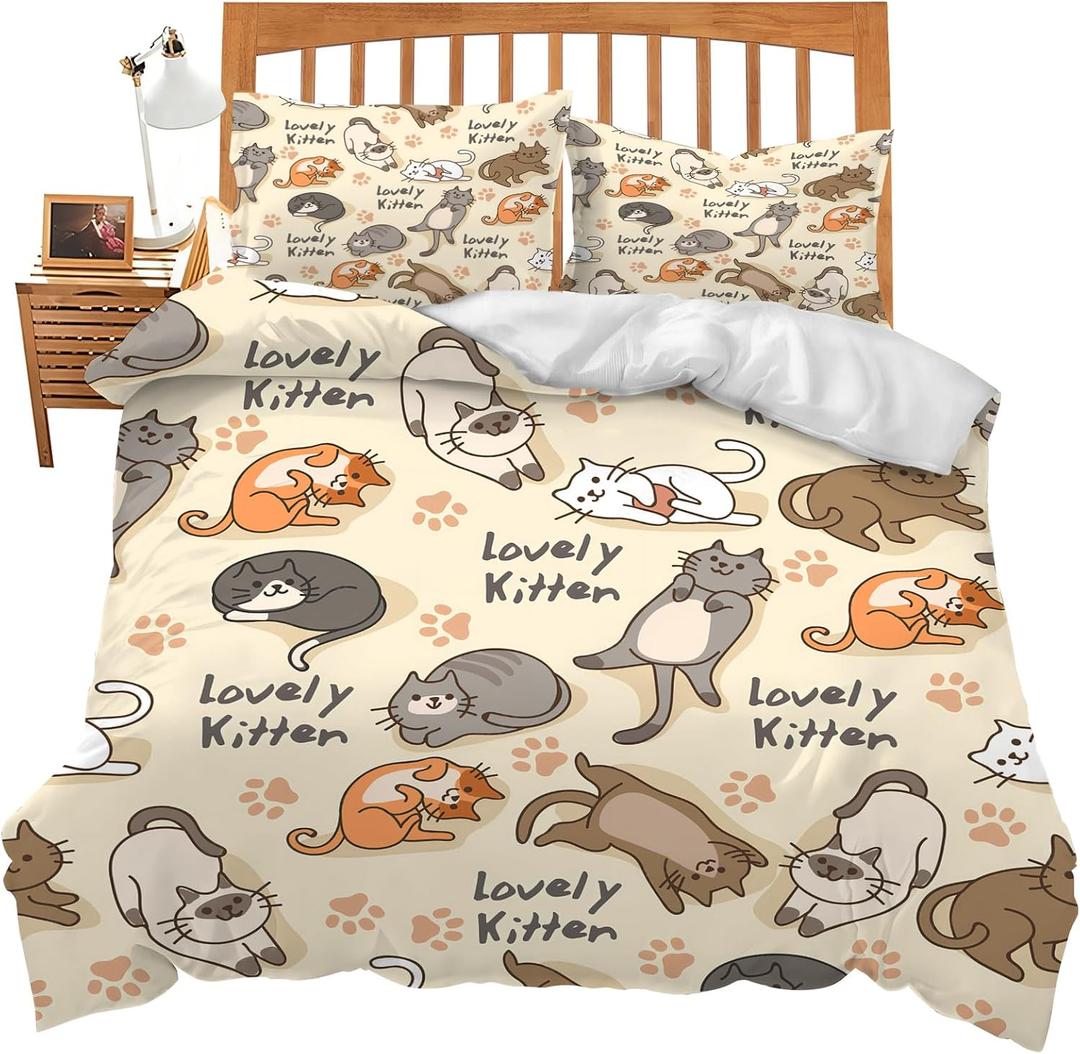 Cute Cat Theme 3 Pieces Duvet Cover Comforter Set with 2 Pillowcase King Size Cat Puppy Bed Sheet Quilt Bedroom Bedding for Lover Kids