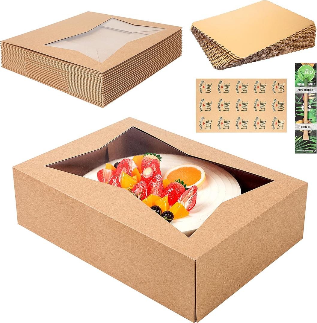 (15 Pack) Cake Boxes with Cake Boards INCLUDED  Easy-Assembly, 14 x 10 x 4 Inch, Dessert Boxes with Window, Stickers  Store & Sell Cakes, Cupcakes, Muffins, & Donuts in Bakery Boxes