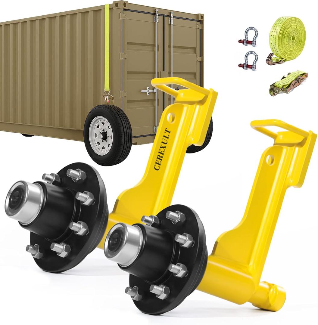 2Pack Shipping Container Wheels 8 - Lug Wheels kit, Shipping Container Axles with Ratchet Tie Down-Moves 20ft.-40ft. (Lemon)