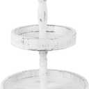 2 Tiered Tray Rustic Farmhouse Decorative Tray Stand Wooden Round Serving Trays for Coffee Food Home Table Decor Holiday Display Vintage Christmas Decors (White)