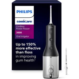 Philips Sonicare Cordless Power Flosser 3000 - Water Flosser with Innovative Quad Stream Technology, Oral Irrigator with 2 Flossing Modes and 3 Pressure Levels, IPX7 Waterproof, Black, HX3826/23, New Black + 2 Nozzles