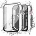 Misxi [2 Pack Waterproof Anti-Scratch Case with Button for Apple Watch Series 9 (2023) Series 8 Series 7 45mm, Hard PC Cover with Tempered Glass Screen Protector for iWatch, 1 Silver + 1 Transparent
