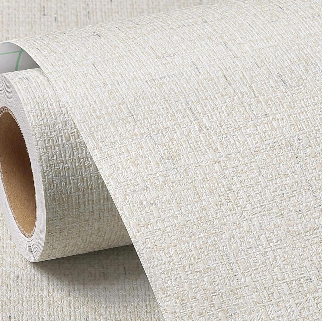 FunStick Neutral White Beige Grasscloth Wallpaper Peel and Stick Textured Faux Grass Cloth Wallpaper for Bathroom Bedroom Prepasted Removable Wall Paper Beige Contact Paper for Cabinets Walls 16"x80"