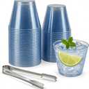 100 Blue Glitter Plastic Cups and 1 Silver Ice Tong Set - 9 Ounce Disposable Cocktail Glasses - Plastic Wine Cups - Blue Party Decorations - Wedding Party Supplies